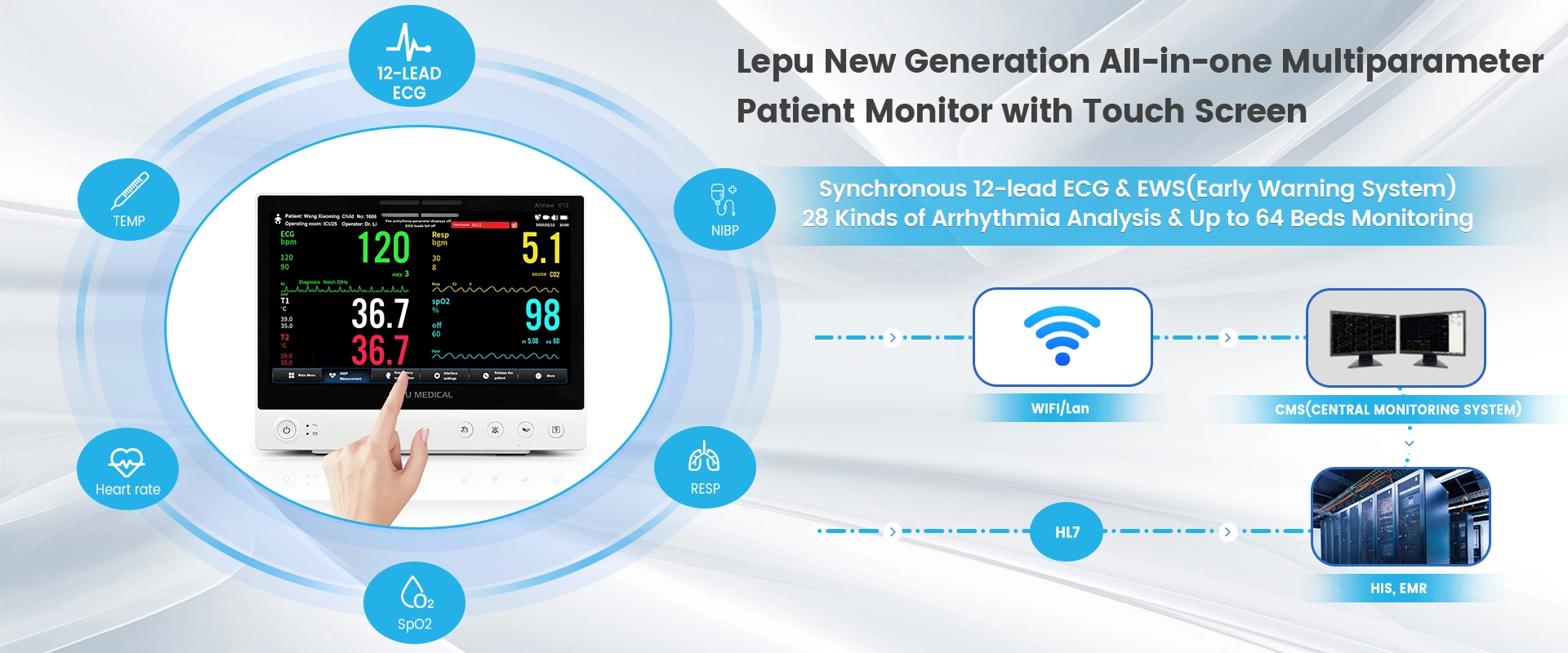 Lepu Medical AiView V12 Tragbarer All-in-One-Vital zeichen überwachen KI-Analyse diagnose Multiparameter-Patienten monitor mit Touchscreen für das klinische Heim der Intensivstation im Krankenhaus